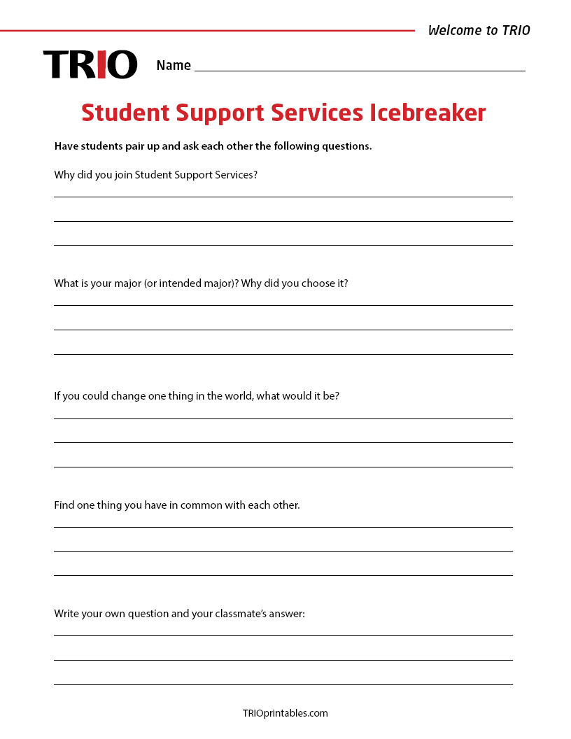 Student Support Services Icebreaker Activity Sheet – TRIO Printables