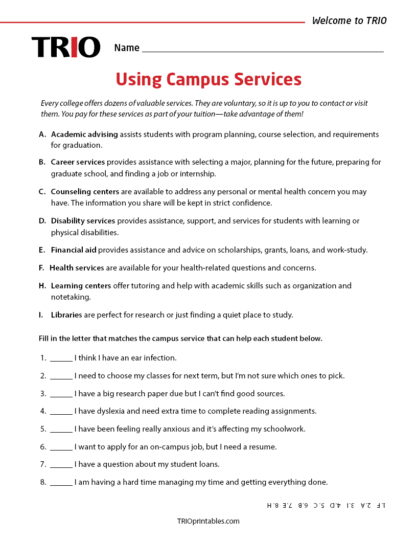Using Campus Services Activity Sheet – TRIO Printables