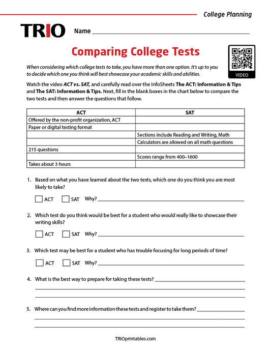 Comparing College Tests Activity Sheet