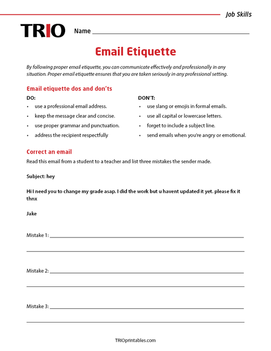 Email Etiquette Activity Sheet