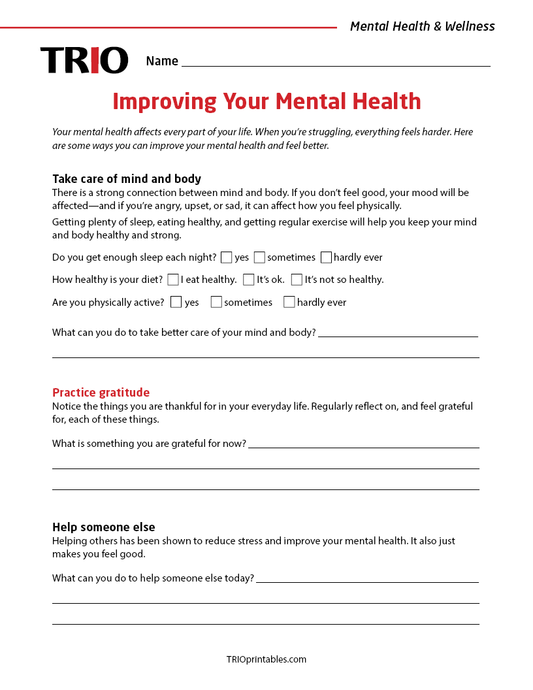 Improving Your Mental Health Activity Sheet