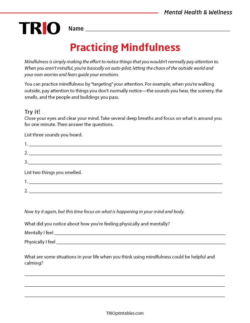 Practicing Mindfulness Activity Sheet