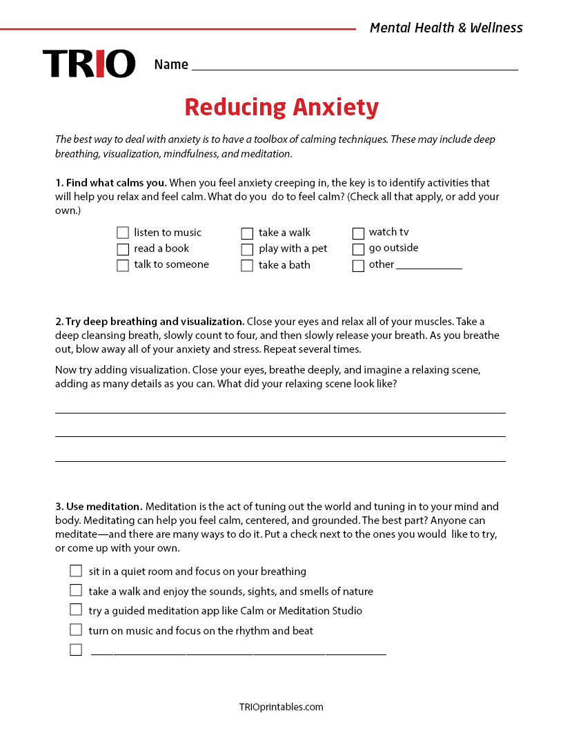 Reducing Anxiety Activity Sheet