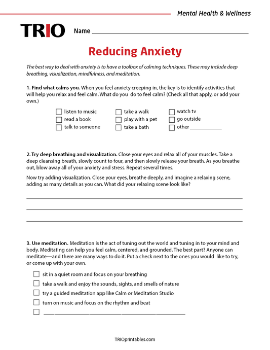 Reducing Anxiety Activity Sheet