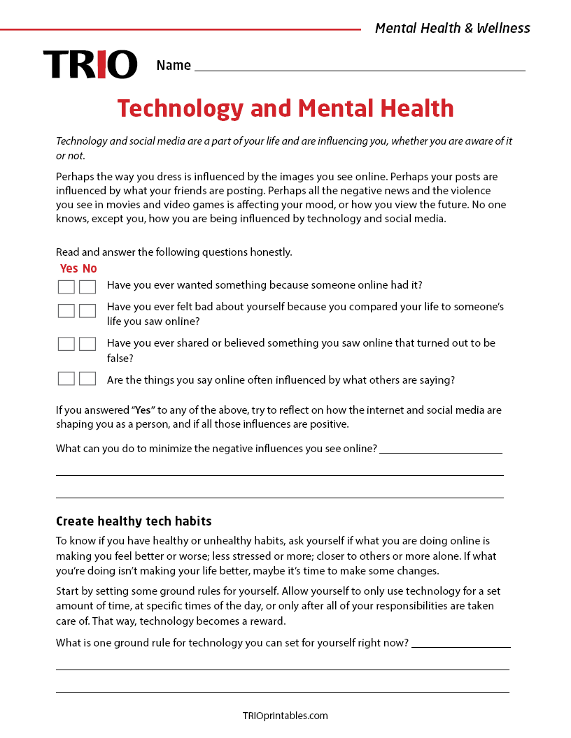 Technology and Mental Health Activity Sheet – TRIO Printables