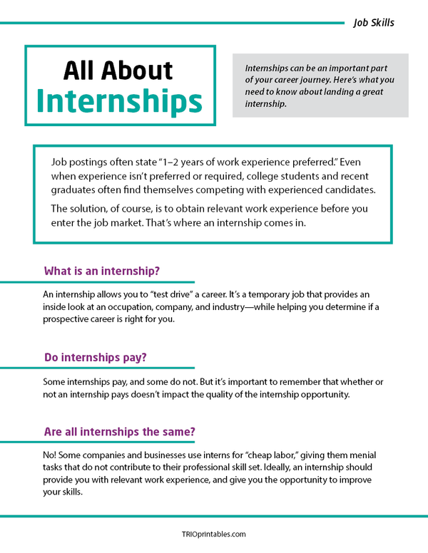 Internship Worksheet Example All About Internships Informational Sheet β TRIO Printables