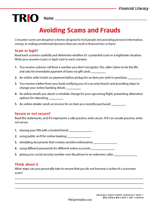 Avoiding Scams and Frauds Activity Sheet