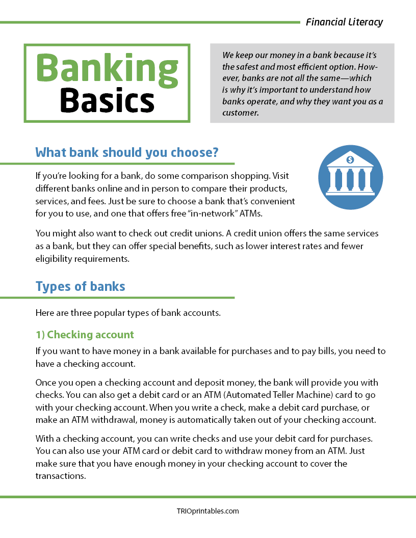 Banking Basics Informational Sheet TRIO Printables Banking Basics Informational Sheet TRIO Printables