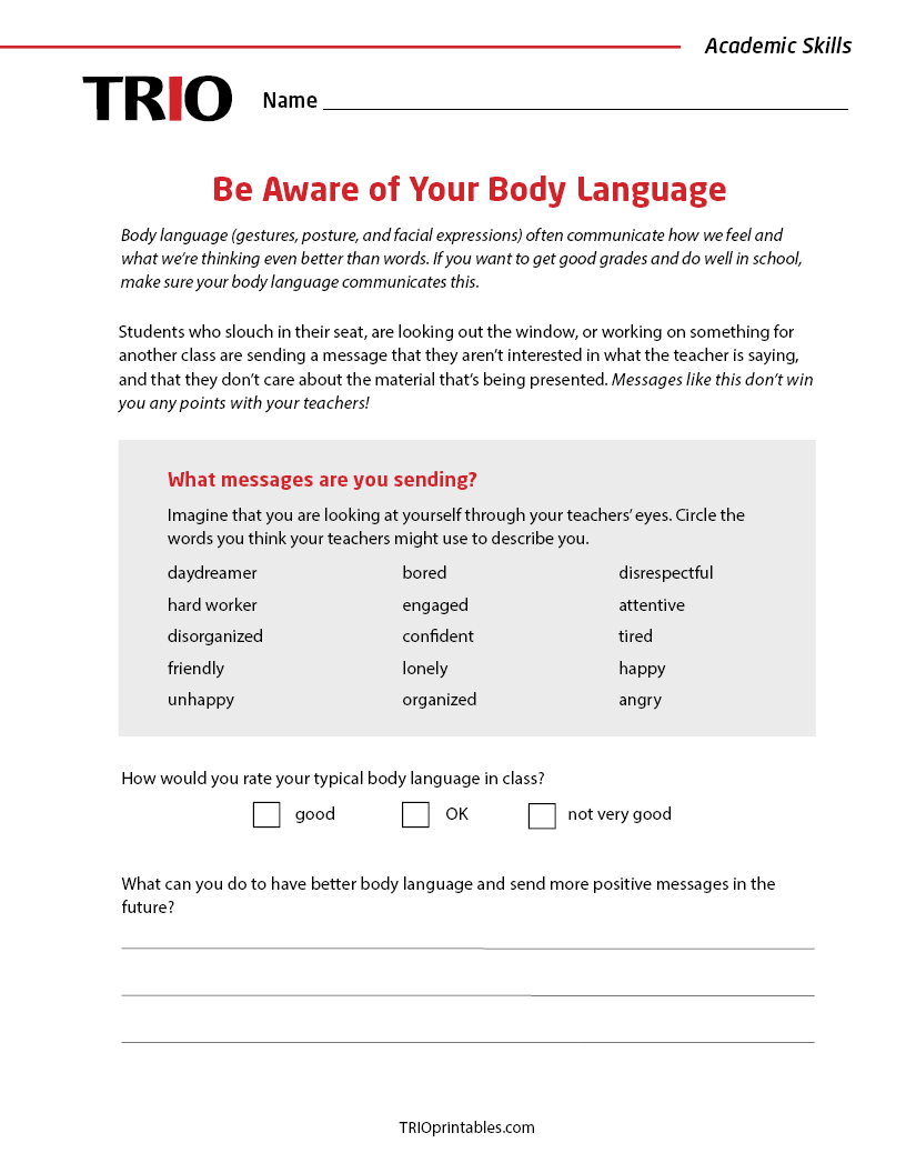 Be Aware of Your Body Language Activity Sheet – TRIO Printables