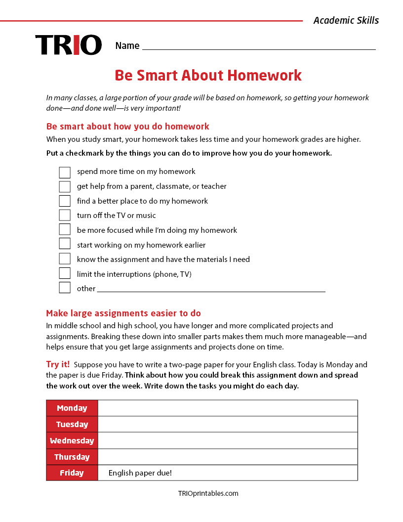 Be Smart About Homework Activity Sheet – TRIO Printables