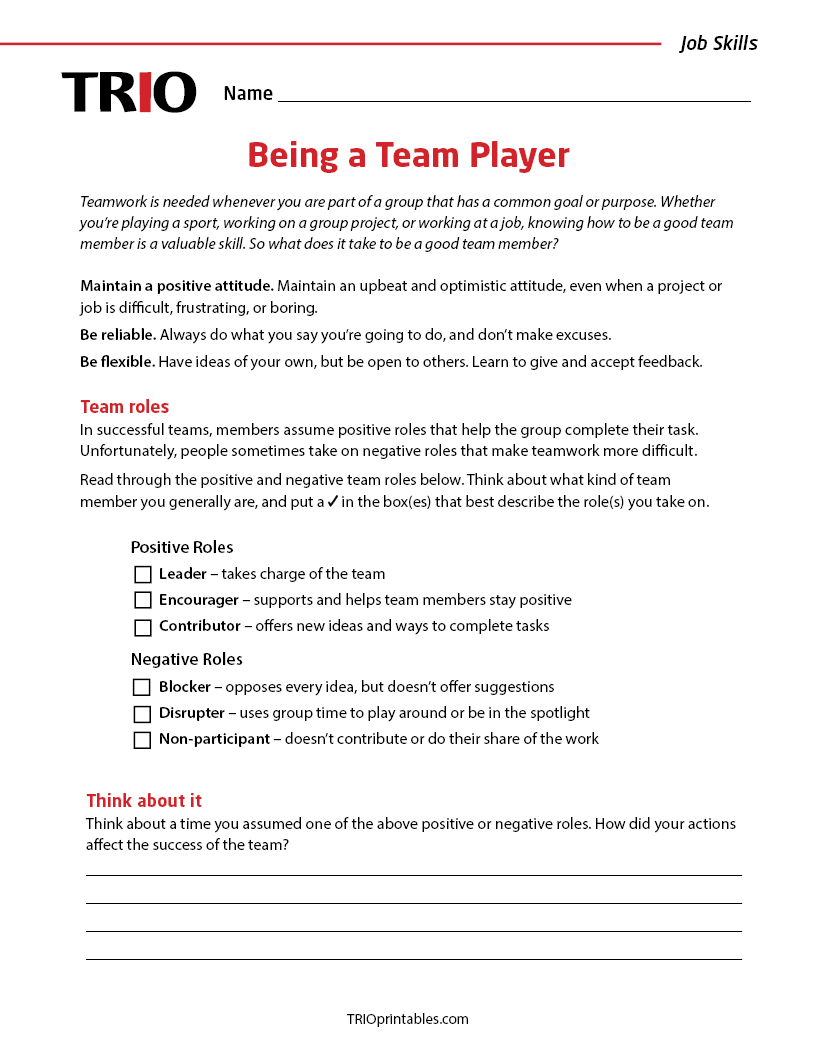 Being a Team Player Activity Sheet – TRIO Printables