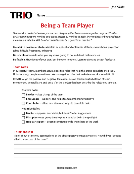 Being a Team Player Activity Sheet