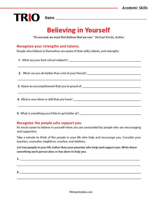 Believe in Yourself Activity Sheet