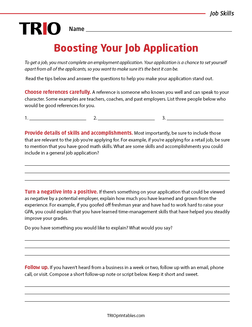 Boosting Your Job Application Activity Sheet