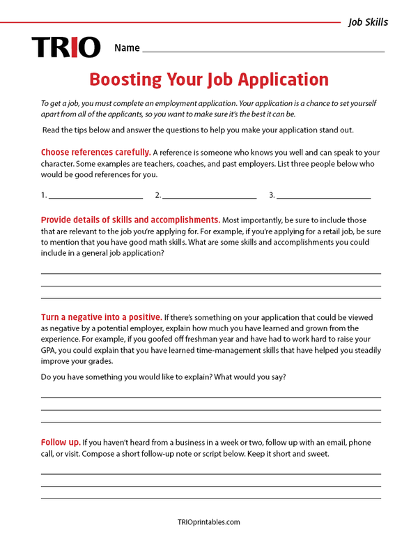 Job Application Activities. Examples Boosting Your Job Application Activity Sheet – TRIO Printables