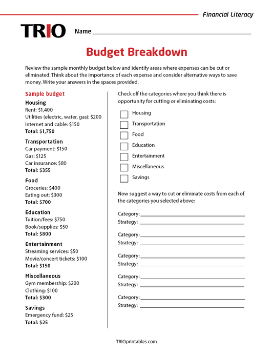 Budget Breakdown Activity Sheet
