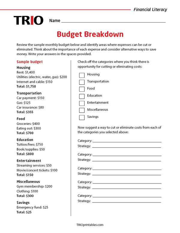 Budget Breakdown Activity Sheet – TRIO Printables