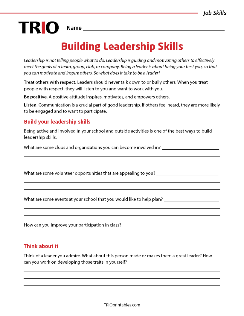 Building Leadership Skills Activity Sheet – TRIO Printables