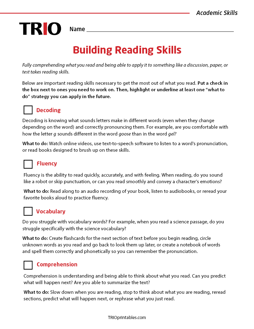 Building Reading Skills Activity Sheet