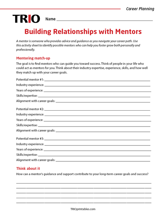 Building a Relationship with Mentors Activity Sheet