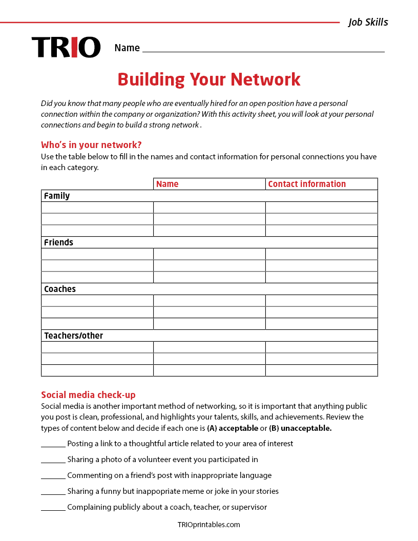Building Your Network Activity Sheet