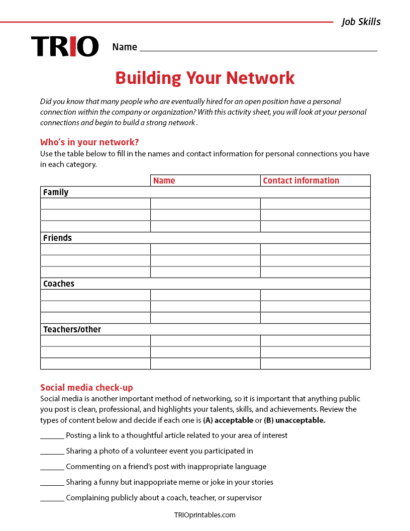 Building Your Network Activity Sheet – TRIO Printables
