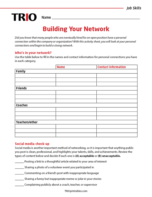 Building Your Network Activity Sheet