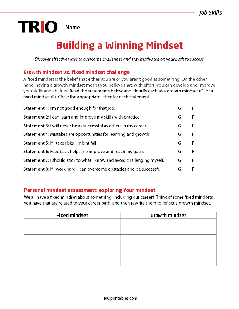 Building a Winning Mindset Activity Sheet