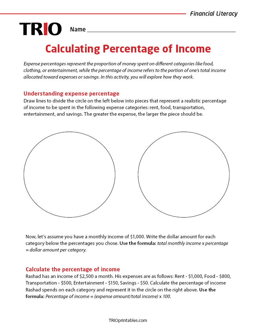 Calculating Percentage of Income Activity Sheet