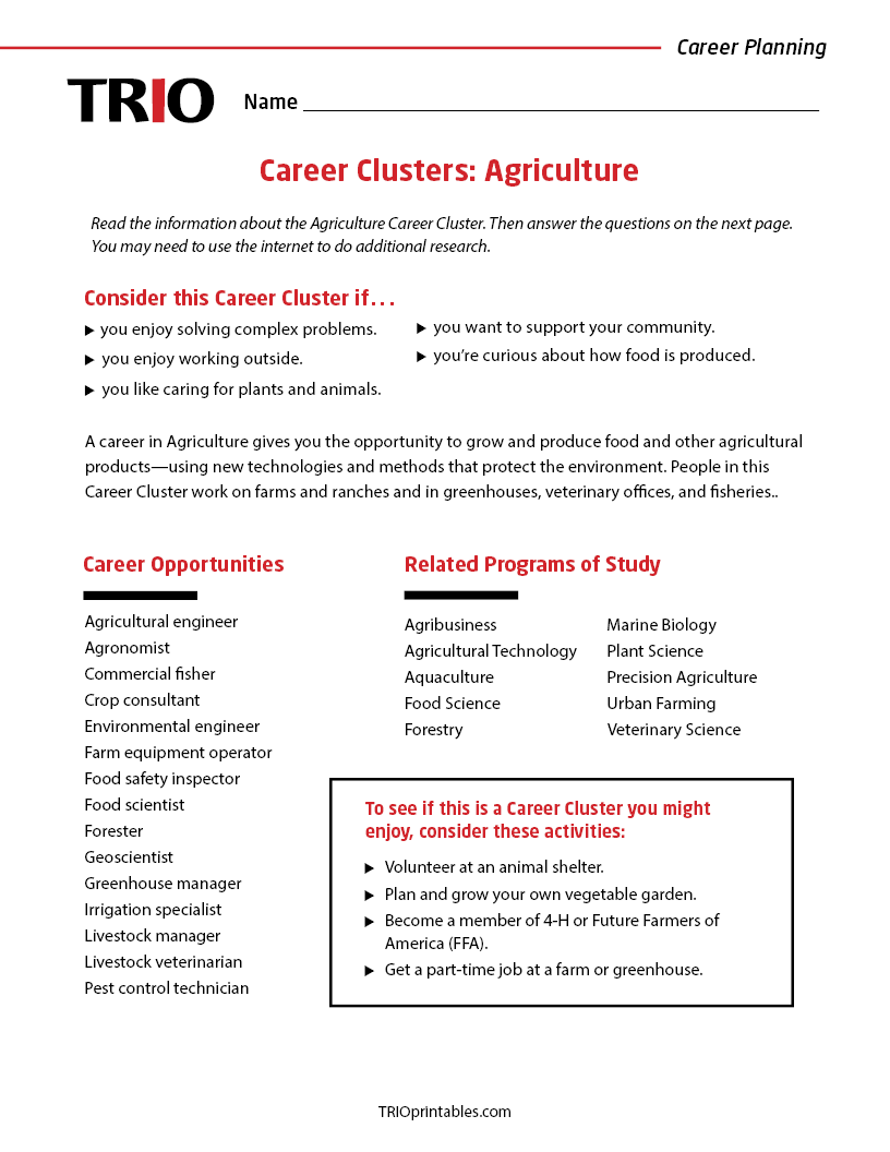 Career Clusters: Agriculture Activity Sheet – TRIO Printables