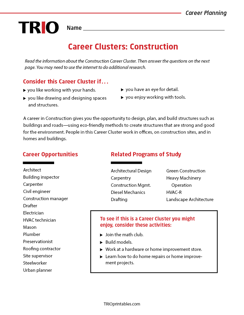 Career Clusters: Construction Activity Sheet – TRIO Printables