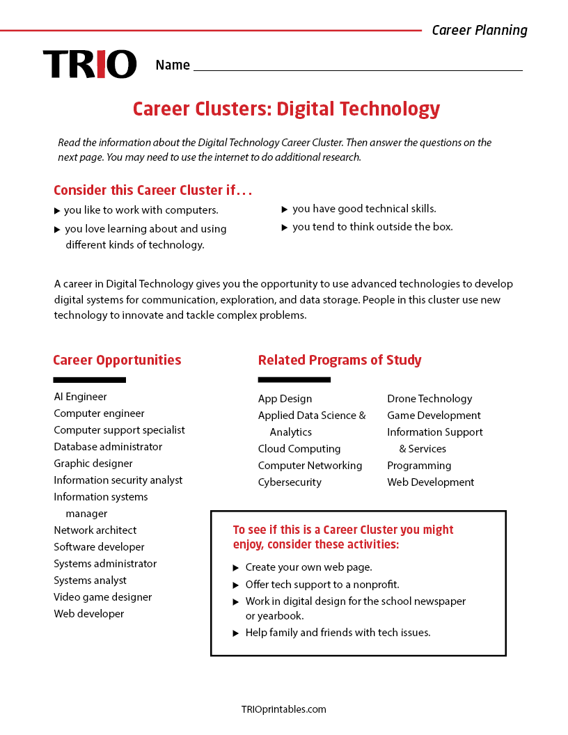 Career Clusters Digital Technology Activity Sheet TRIO Printables