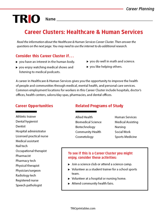 Career Clusters: Healthcare & Human Services Activity Sheet