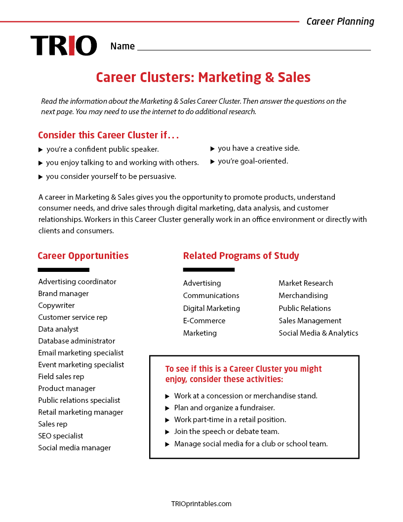 Career Clusters: Marketing & Sales Activity Sheet – TRIO Printables