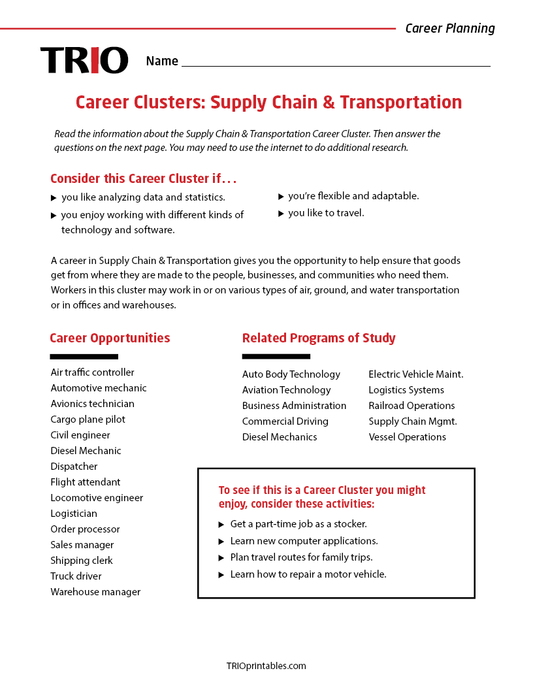 Career Clusters: Supply Chain & Transportation Activity Sheet