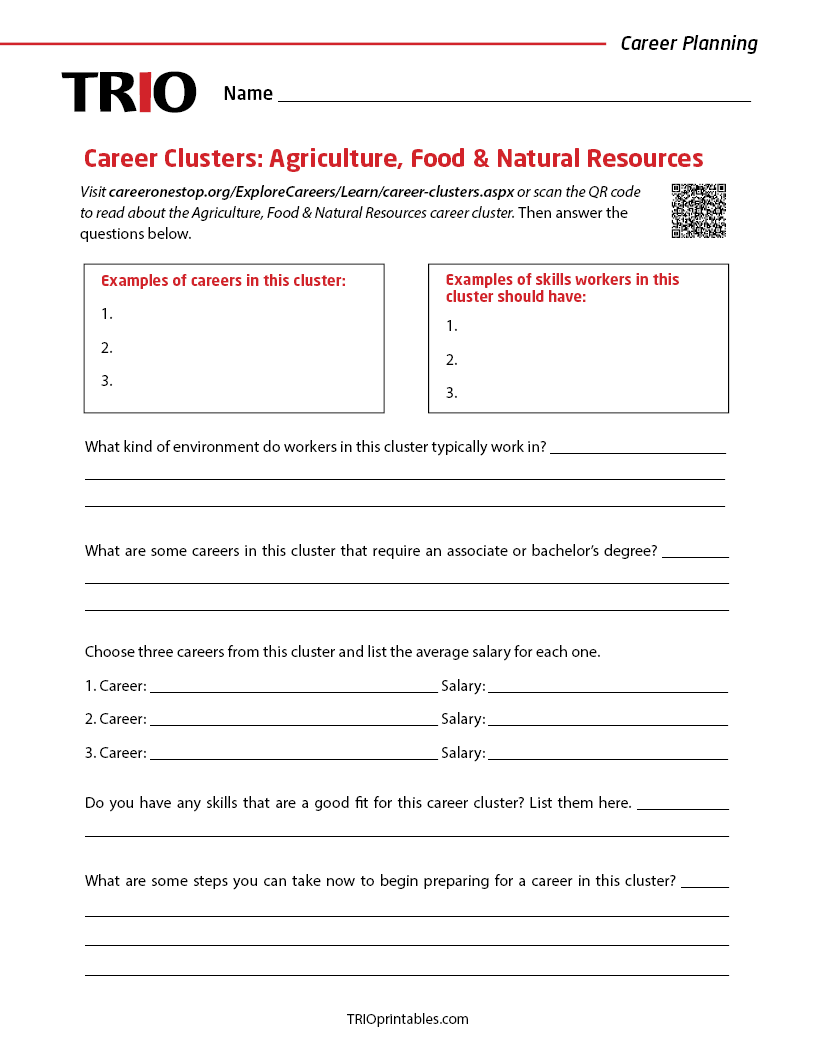 Career Clusters: Agriculture, Food & Natural Resources Activity Sheet