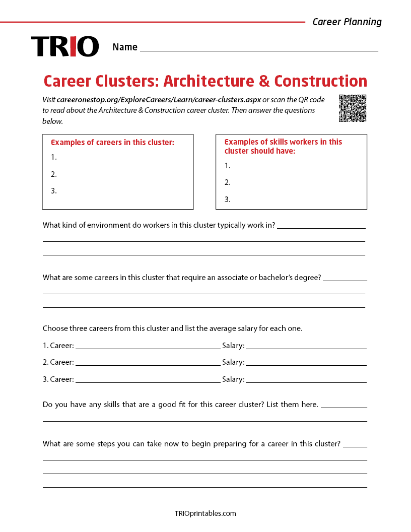 Career Clusters Architecture & Construction Activity Sheet TRIO