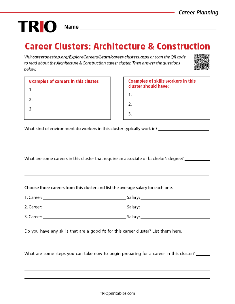 Career Clusters: Architecture & Construction Activity Sheet