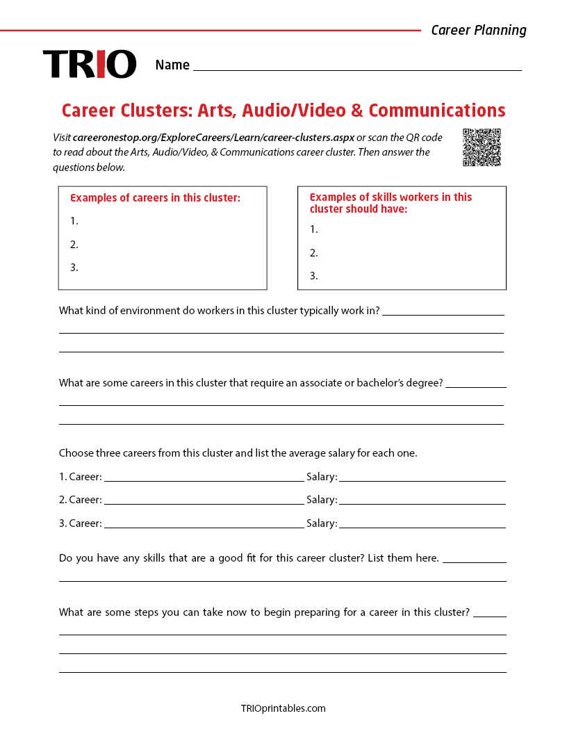 Career Clusters: Arts, Audio/Video & Communication Activity Sheet
