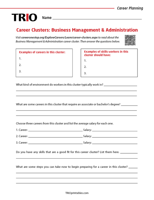 Career Clusters: Business Management & Administration Activity Sheet