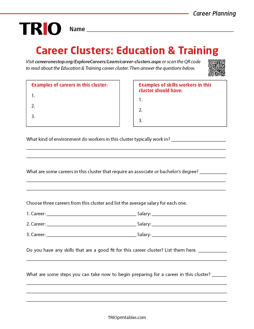 Career Clusters: Education & Training Activity Sheet