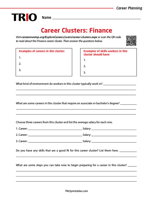 Career Clusters: Finance Activity Sheet
