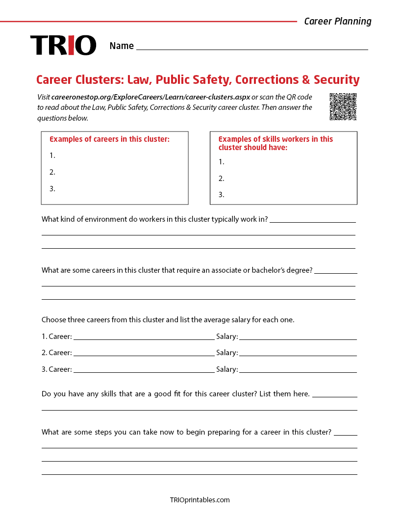 Career Clusters: Law, Public Safety, Corrections & Security Activity Sheet