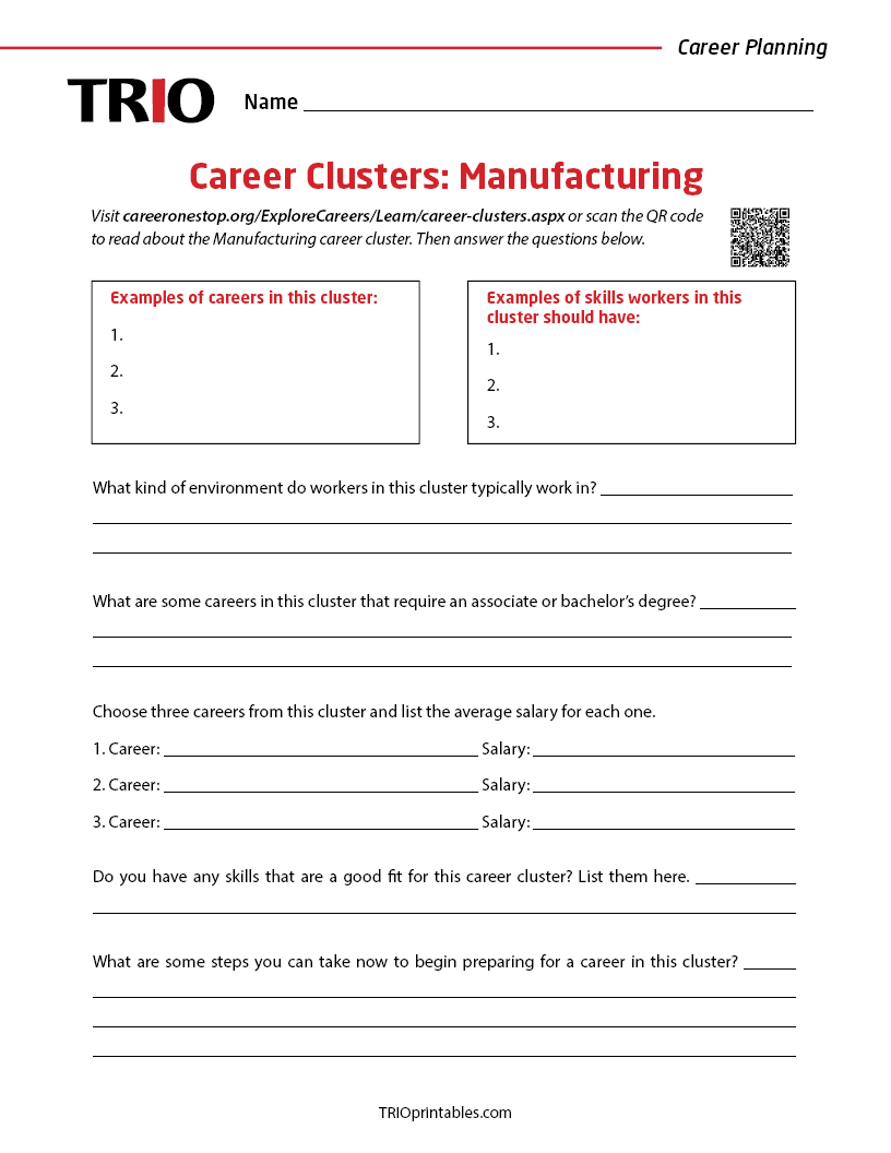 Career Clusters: Manufacturing Activity Sheet