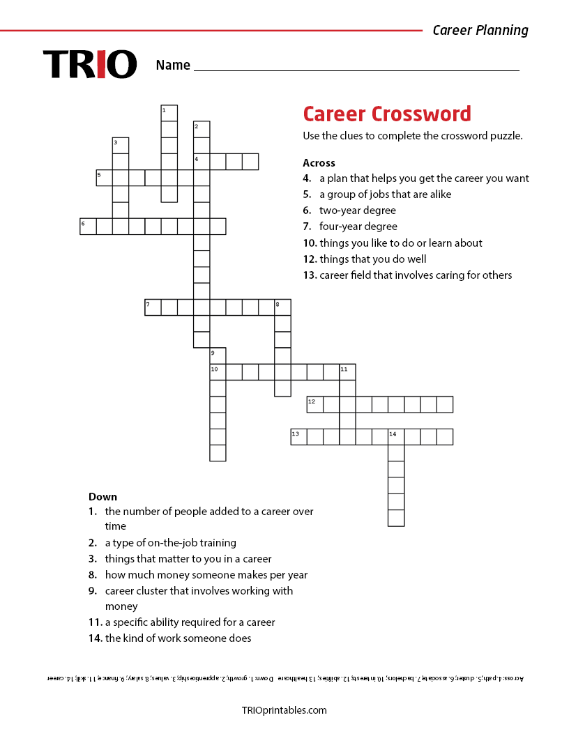 Career Crossword Activity Sheet