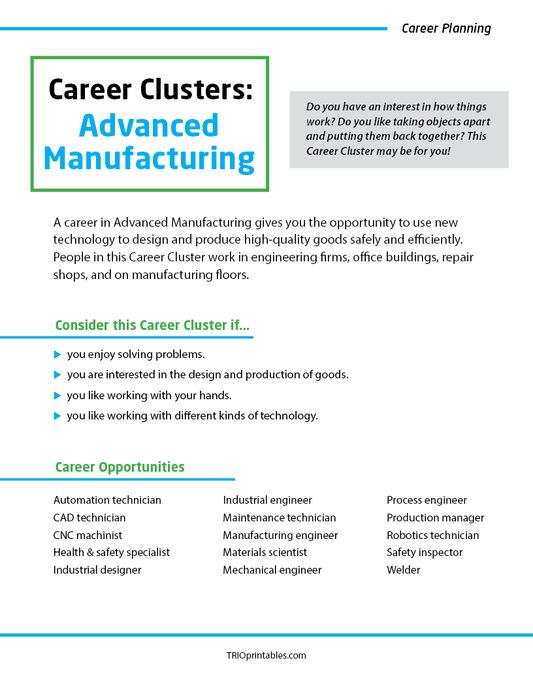 Career Clusters: Advanced Manufacturing Informational Sheet