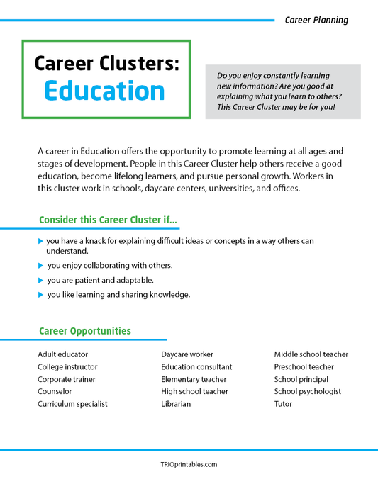 Career Clusters: Education Informational Sheet