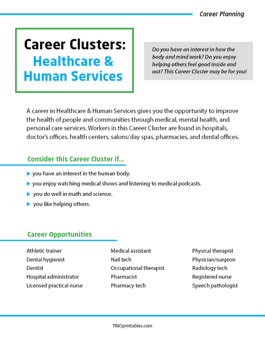 Career Clusters: Healthcare & Human Services Informational Sheet