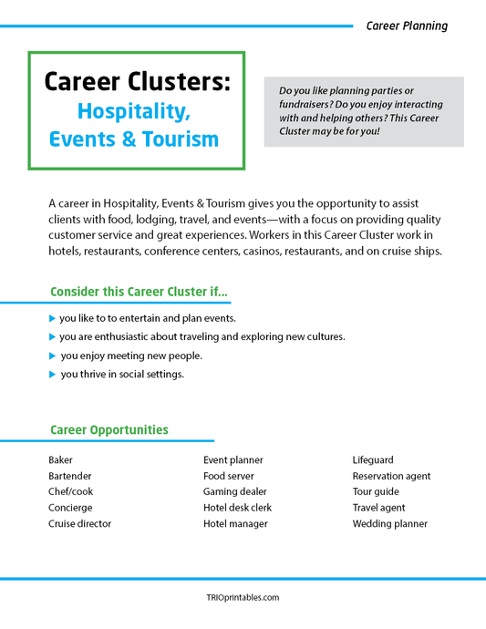 Career Clusters: Hospitality, Events & Tourism Informational Sheet