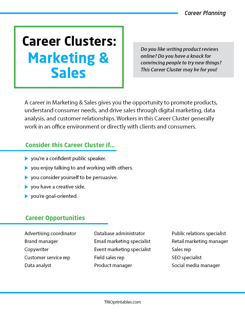 Career Clusters: Marketing & Sales Informational Sheet – TRIO Printables